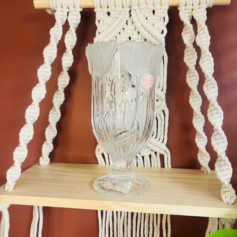 Vintage Block Crystal Tulip‎ Candle Holder, 7.5”, Frosted, Poland